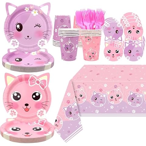 Cat Birthday Party Supplies Set, Kitten Tableware Includes Plates, Tablecloth, Cups, Forks and Straws for Kids Cat Party Decorations, Serves 20 Guest (A) Cover