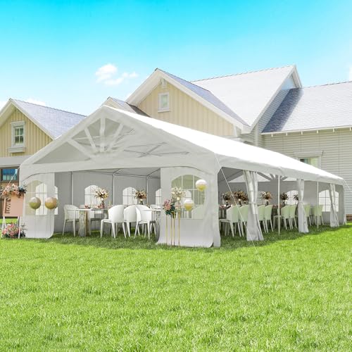 Outsunny 19.5' x 39' Heavy Duty Party Tent Outdoor Gazebo Wedding Tent Event Shelter Carport BBQ with Removable Sidewalls & Windows, Outside Waterproof Canopy for Parties, White