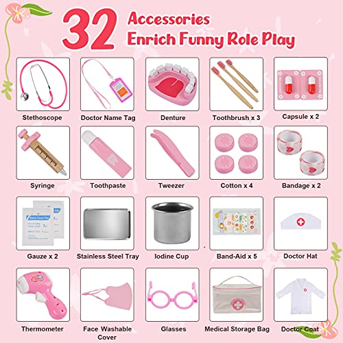 Sundaymot Doctors Set for Kids, 32 pcs Toy Doctors Kit with Stethoscope, Toddler Medical Play Set Role Play Dress Up Costume, Medical Carry Case for Boys Girls 3+ Years - Image 4
