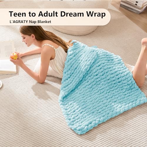 Image of L'AGRATY Chunky Knit Throw Blanket for Couch, 30 x 40 Inches, Light Blue