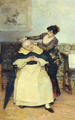 Peinture à l'huile The Haircut par Vicente Palmaroli, une émotion d'époque