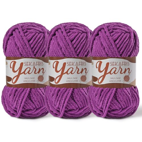 Image of 3 Pack Fluffy Velvet Yarn for Crocheting,Baby Blanket Yarn for Crocheting Soft,150g(196.8yds) Amigurumi Yarns,Plush Chenille Crochet Yarns,Puzzle Yarn for Crochet Weaving Craft(3 Dark Purple)