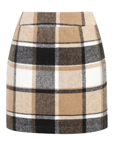 IDEALSANXUN Minifalda de Lana a Cuadros para Mujer, para otoño e Invierno, Cintura elástica Alta, Falda Corta Tipo lápiz, Marrón Nuevo, Large