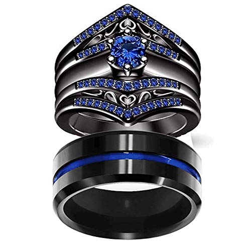 Couple Ring Bridal Set His Hers Black Gold Plated Blue Agate Stainless Steel Wedding Ring Band Set