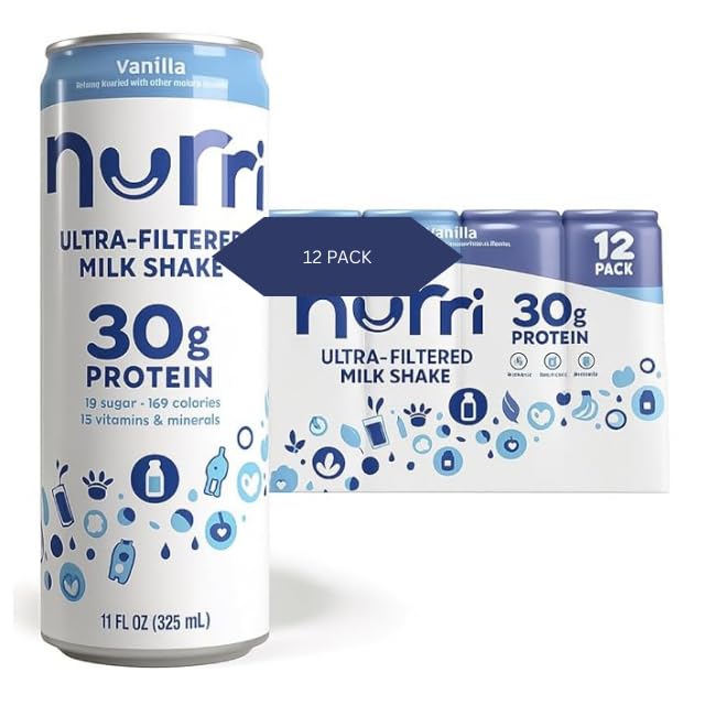 Nurri'-30g Protein Vanilla Shake Ultra-Filtered, 30g Protein, 1g Sugar, 150 Calories, 10 Vitamins and Minerals Per Can | 12-11 Fl Oz Cans Per Package, Grade A Lactose-Free, 12-Pack