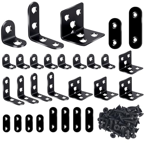 KKABBVX 24PCS Stainless Steel L Brackets Heavy Duty Corner Braces for Wood Furniture & Shelves 5-Size Black Metal Angle Brackets with Screws(0.79/1.2/1.4/1.57/1.97inch)