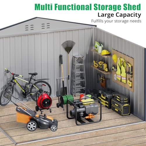 8x10 Ft Outdoor Storage Shed, Steel Utility Tool Shed with Sloped Roof & Lockable Door, Backyard Garden Patio Lawn Outdoor Shed for Storing Tools and Equipment in Yard, Grey