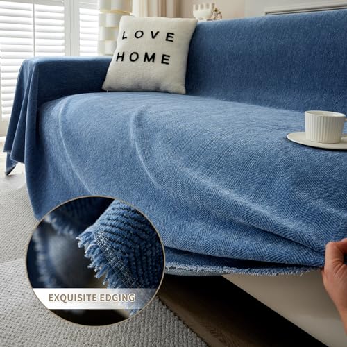 Housse de canapé en chenille avec glands décoratifs bleu uni 230cm