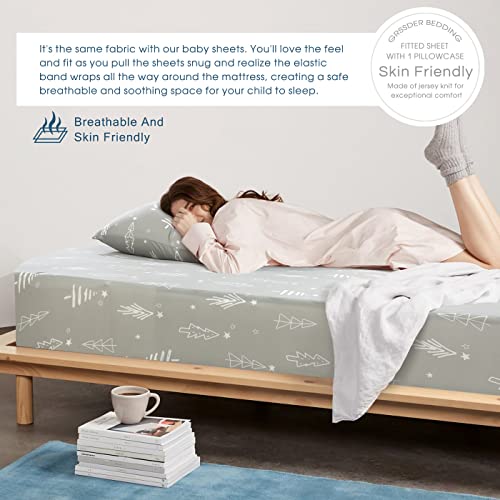 Soft Jersey Twin Fitted Sheet Set（1 Fitted Sheet With 1 Pillowcase Only, 4-Way Stretch Knit With Deep Pocket, Snug Fit For Twin/Twin Xl Mattress, Wrinkle Free, Gray #TOP4