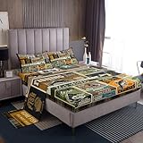 jejeloiu Fish Sheets with Deep Pocket Fitted Sheet Vintage Fish Stamp Pattern Sheet Set for Boys Girls Children Fishing and Hunting Brown Green Bed Sheets Set Room Decor Full Size with 2 Pillow Case