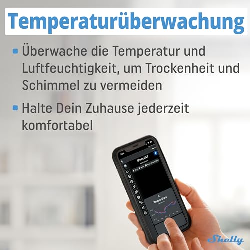 Shelly H&T Schwarz, Wlan Intelligenter Thermometer Hygrometer, Luftfeuchtigkeits- und Temperatursensor mit APP iOS Android & Datenspeicherung, Hausautomatisierung
