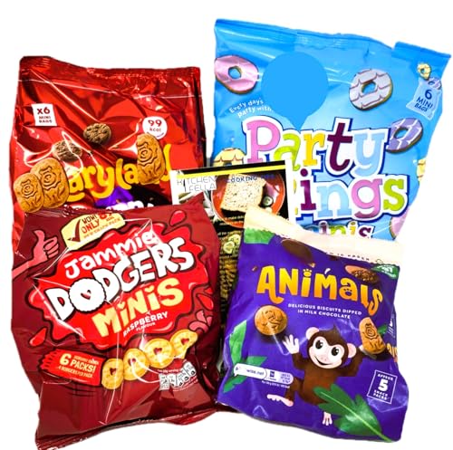 Mini Biscuits Selection Pack with Mini Party Rings, Jammie Dodgers Minis, Double Choc Cookie Minis, Animal Freddo and Kitchenfella 'Cooking Tips' postcard