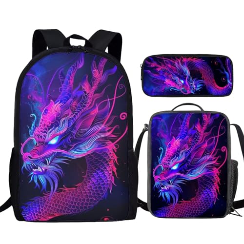 Bulopur Children's Purple Dragon Book Bag Set for School, Laptop Bookbag Knapsack Backpack Lunch Tote Bag Pencil Case for Toddler Girls Boys