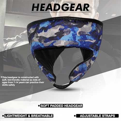 Image of Kids Champ Junior Punching Set | 1 Punching Bag, 1 Head Guard, 2 Gloves | Boxing Training Punching Bag & Gloves for Boys & Girls | for 3 to 10 Years Kids (Set of 4) (Blue Camo)