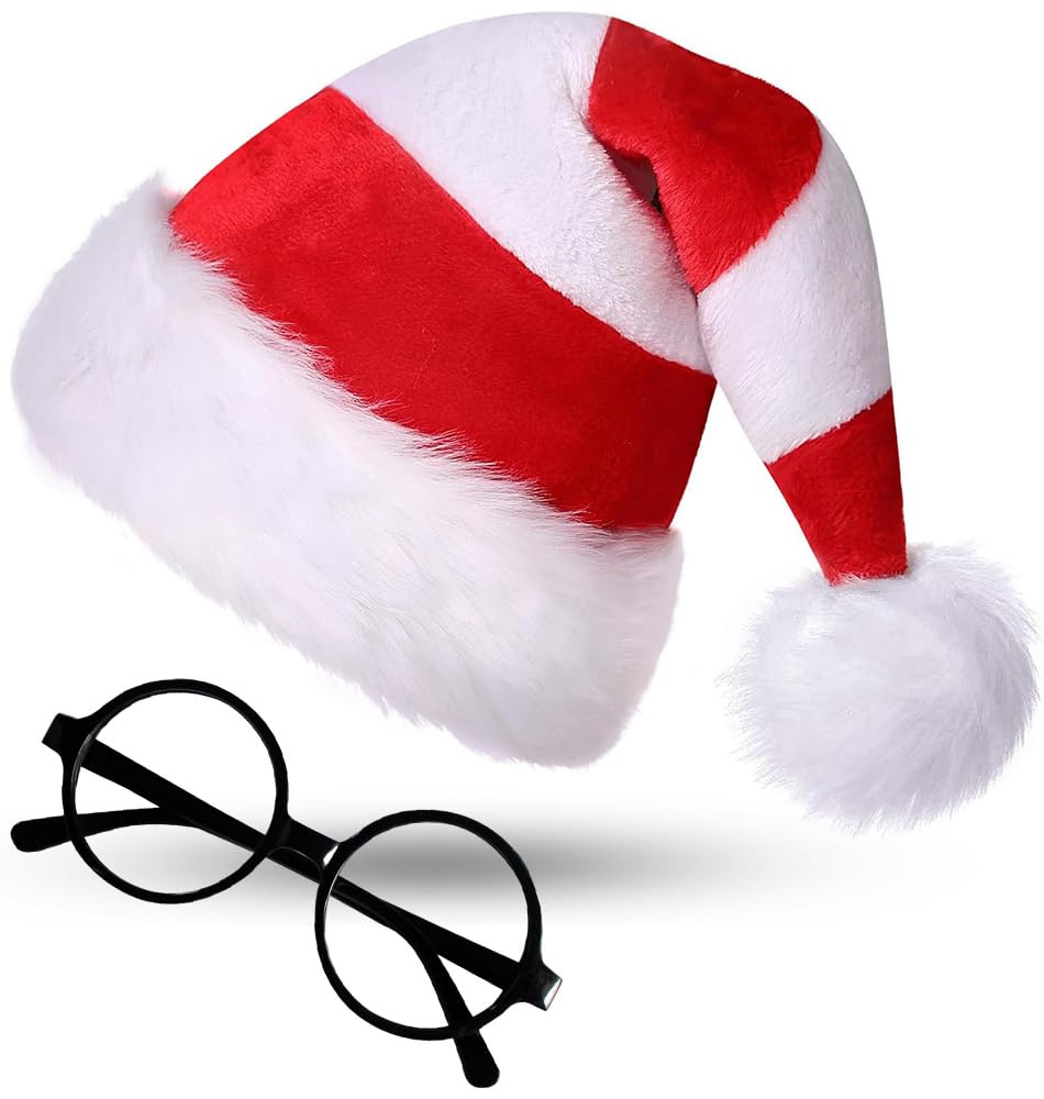 Gorbgle Santa Hat with Glasses Set, Christmas Hat for Women Men, Adult Velvet Xmas Hats for Festive New Year Party Headwear