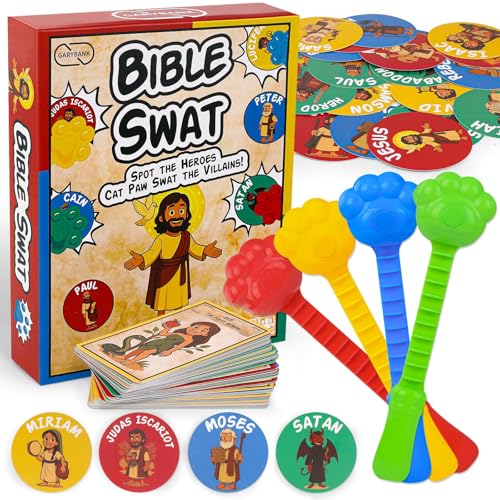 Garybank Juegos de Biblia Swat para niños, 56 tarjetas de personajes bíblicos con historia bíblica, lección de vida y escritura, juego cristiano Spot Hero para escuela dominical, ministerio de