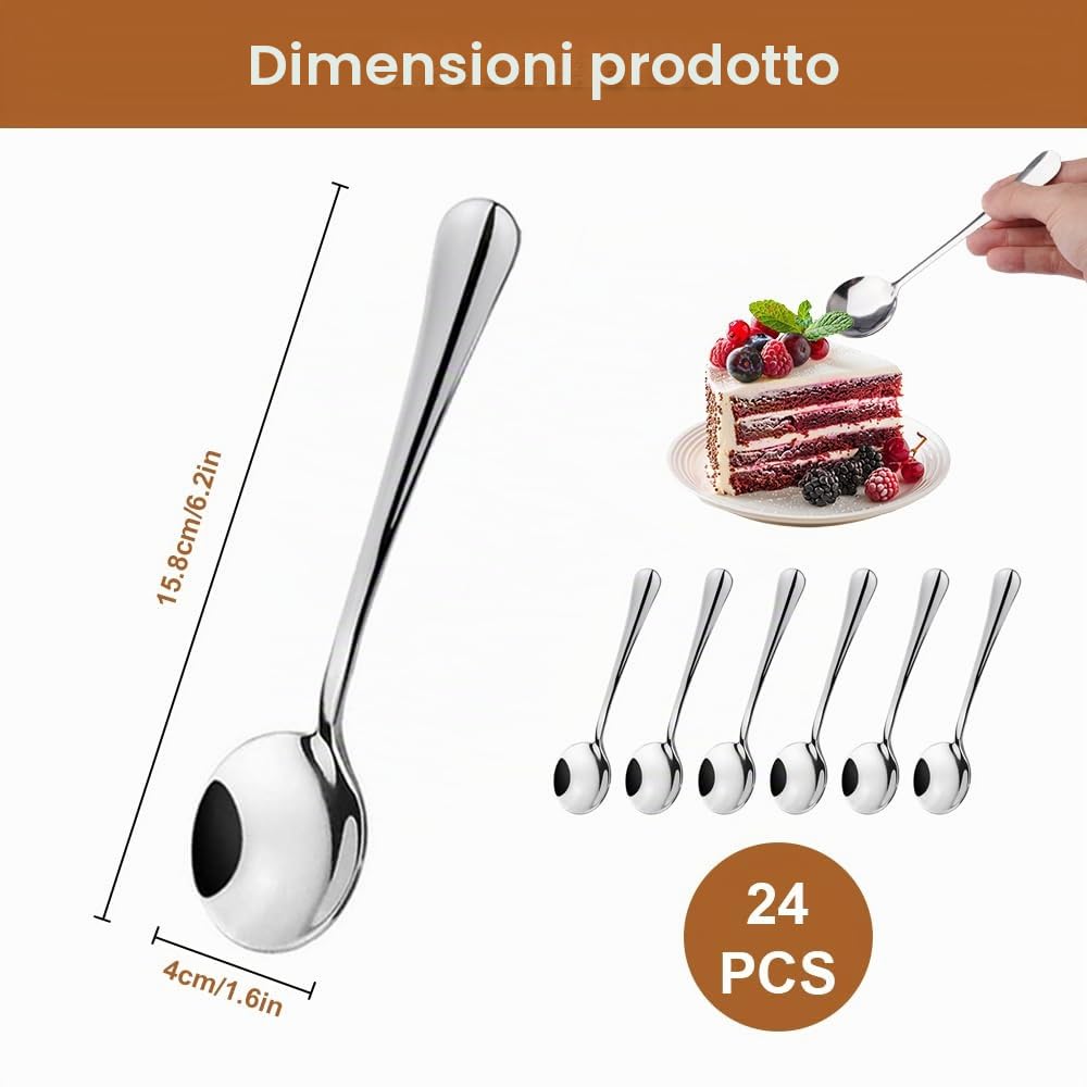 24 Pezzi Cucchiaio, 15.8cm Cucchiai, Cucchiai Rotondi in Acciaio Inossidabile, Cucchiaio da Tavola, per Cereali, Porridge Frutta, Yogurt, per Dessert Caffè (Argento)