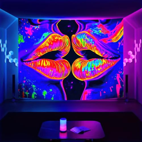 Image of BlissYard Blacklight Tapestry Lip Tapestry Glowing 78x59 Inch UV Reactive Large Neon Decoration Posters Wall Hanging for Home Living Room Bedroom Party Decor Photo Shoot Props
