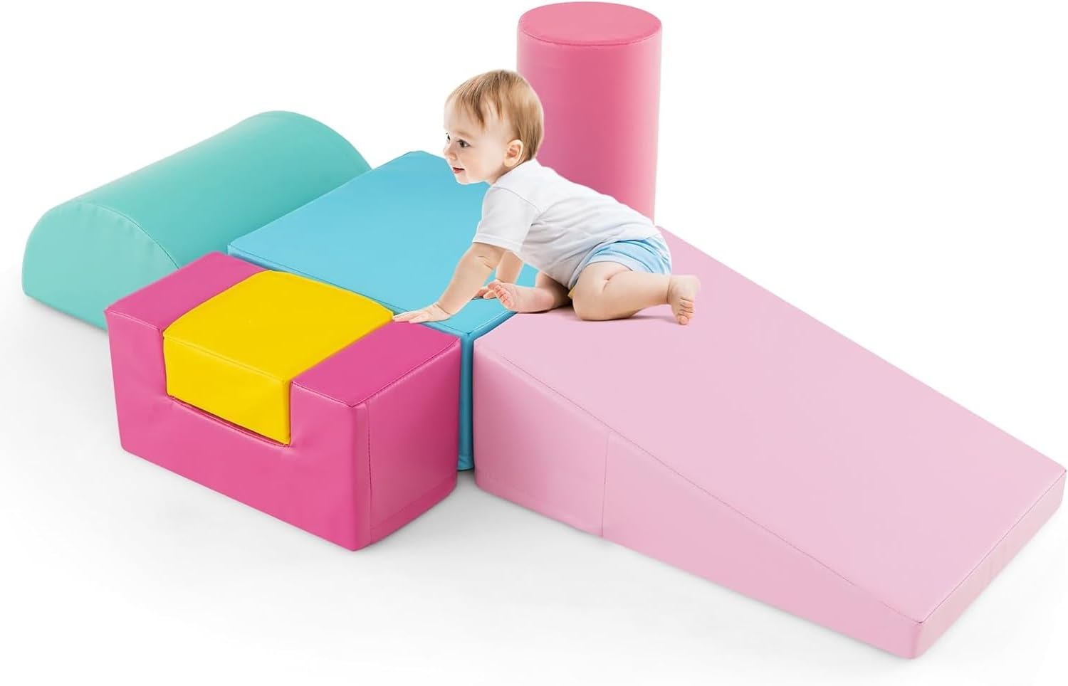 Kids Soft Play Set, 6 Pieces Baby Foam Climbing Blocks with PU Leather, Indoor Climb and Crawl Toddlers Activity Toys for Gym Playground (Pink)