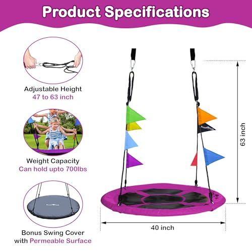 Royal Oak Saucer Tree Swing,Heavy Duty 1680D Oxford Fabric, Giant 40 Inches with Carabiners and Flags,700 lb Weight Capacity, Steel Frame,Waterproof, Easy Install Step by Step Instructions (Purple) - Thumbnail 2