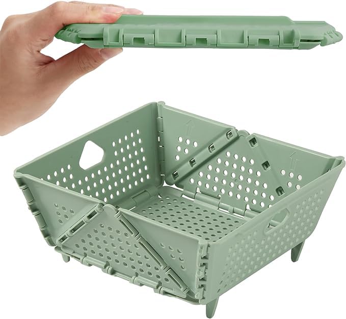 Collapsible Strainers and Colanders for Kitchen, Foldable Food Strainers with Handle, Plastic Drain Basket for Pasta, Fruit, Vegetables (Green)
