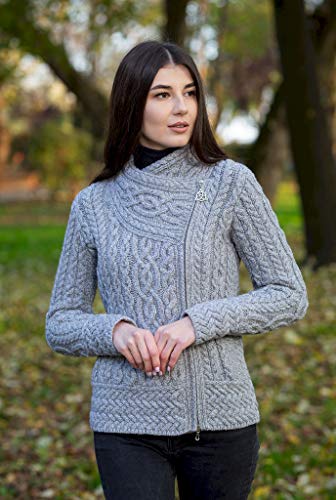 Image of SAOL Irish Cardigan for Women Made of 100% Merino Wool Ireland Sweater Cable Knit Zip Jacket