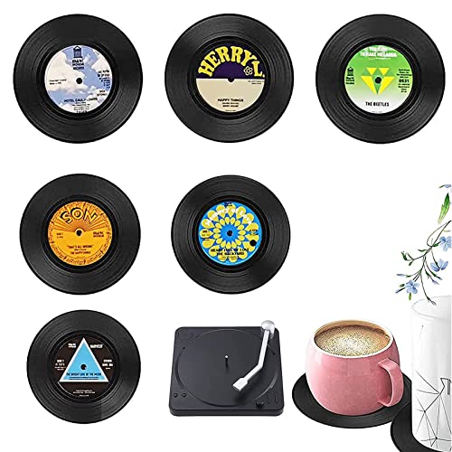 Posavasos De Vinilo Retro Diseño Juego De Posavasos De Vinilo Retro Posavasos Retro para Bebidas Antideslizante Aislante Redonda Posavasos para Café, Té, Jarra De Cerveza, Botella De Vino 6 Piezas Cover