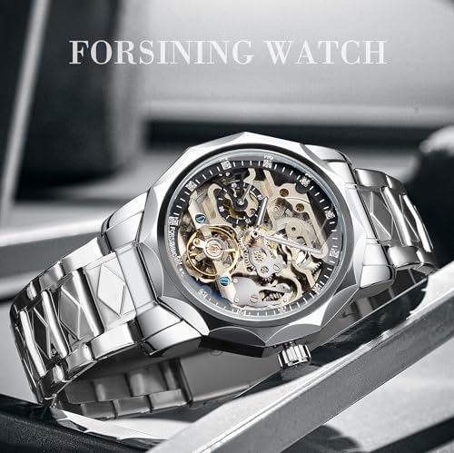 Image of FORSINING Men's Skeleton Automatic Tourbillon Watch Self-Wind Hollow Mechanical Watch Tourbillion Rhombus Stainless Steel Wristwatch Gold & Black