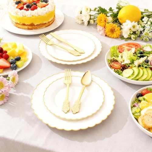 175 Pc White & Gold Scalloped Plastic Plates Set | Includes Disposable Plates, Gold Silverware, Cups & Napkins for 25 Guests | Elegant Plastic Dishes for Weddings & Parties (White-Set3) — view 6