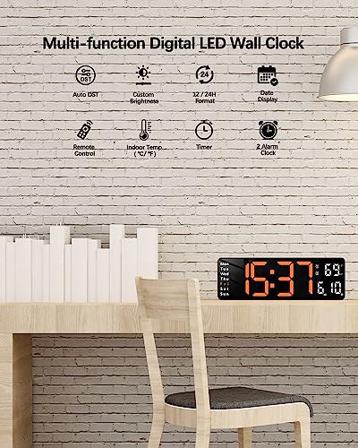 Image of JoFomp Digital Wall Clock - Large 13 Inch LED Display, Alarm, Remote Control, Automatic Daylight Saving Time, Brightness, Date, Week, Timer, Temperature - 12 /24H - for Living Room, Bedroom (Orange)