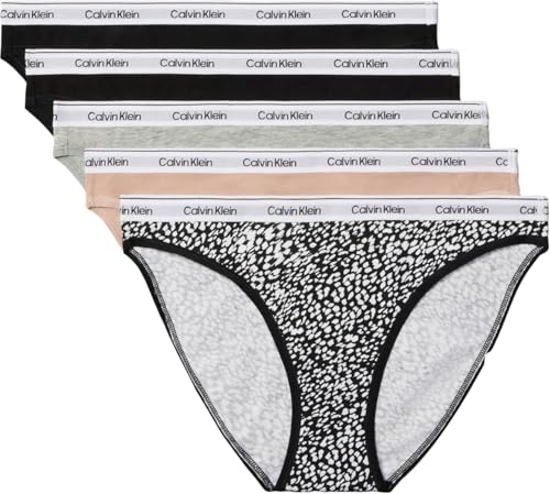 Calvin Klein Damen-Bikini-Slip, 5er-Pack, niedrige Taille, Schwarz/Schwarz/Zedernholz/Grau meliert/Tinte, XL – Ansicht 1
