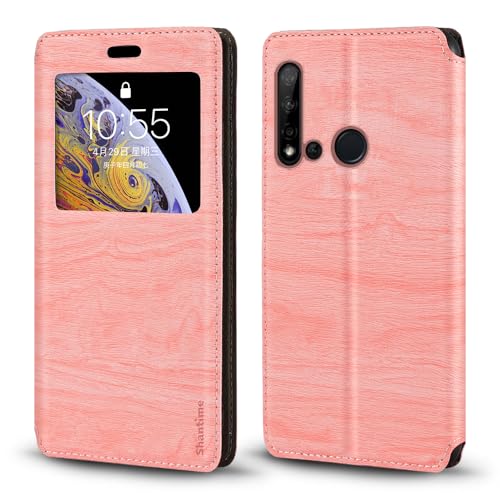 Shantime Funda de Cuero con Ventana Compatible con Huawei P20 Lite 2019, Diseño Elegante Vista Clara, Cierre Magnético Oculto Ranura Tarjeta(Rosa)