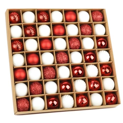 49 pcs Christmas Baubles Red White Set, 3cm Plastic Christmas Tree Baubles Hook Christmas Baubles Small for Christmas Tree Decorations, Tree Baubles Pendants Mini Tree Decorations Christmas