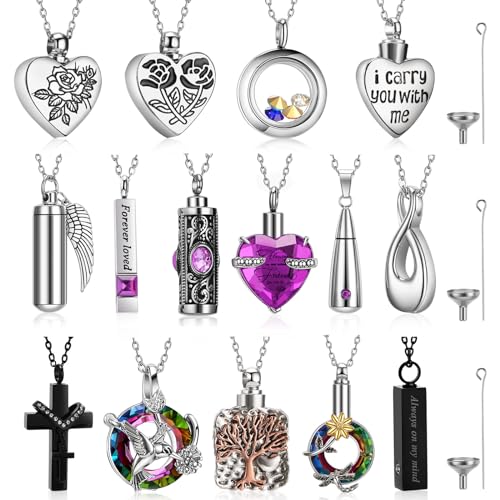 Ecation 15 Pcs Urn Necklace for Ashes Women Keepsake Cremation Jewelry Stainless Steel Cross Heart Cubic Locket Ashes Necklace for Human Loved One(Purple)