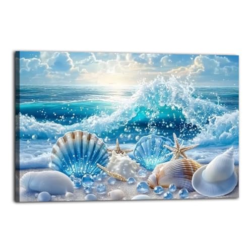 Seashells And Ocean Waves Poster Wall Art Print Vintage Canvas