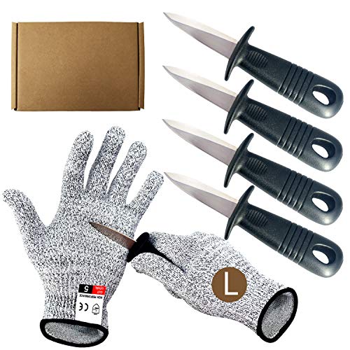 Oyster Knife with Cut Resistant Gloves with Set, Oyster Shucking Knife Set in Level 5 Protection Gloves, Opener Kit Tools for Oyster Clam Shellfish Seafood(4 Black)