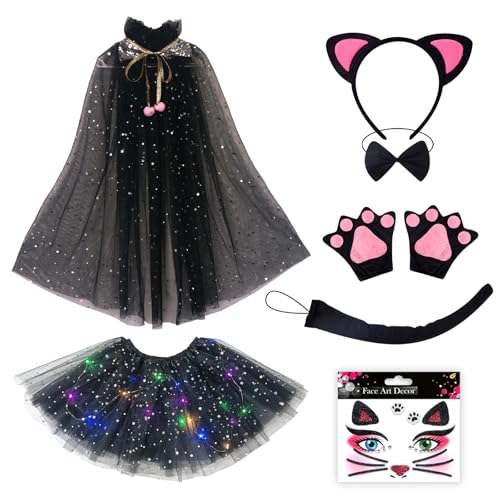 8 Pcs Cat Costumes for Kids Cat Halloween Costume for Girls Luminous Tutu Cloak Cat Ears Headband Paw Gloves Tail Bowtie Face Stickers Animal Dress Up Kids for Halloween Carnival (Cat 3)