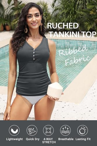Image of Tankini Tops for Women Tummy Control Swimwear Top Only No Bottom | Scoop Neck, Adjustable Straps, Ruched Stomach, Removable Cups, Available in Plus, No Bottom, Full Lining