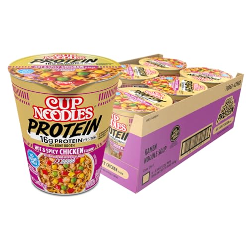 Nissin Cup Noodles Protein Ramen, Chicken Flavor Spicy Ramen with Bone Broth, 16g Protein, 2.54 Ounce Cup (Pack of 6)