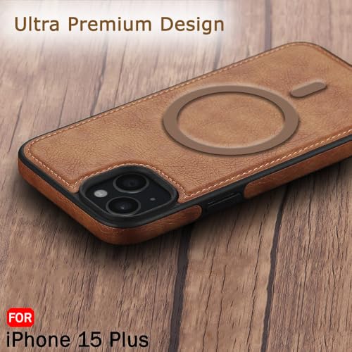 Image of TheGiftKart Genuine Leather Finish Back Cover Case for iPhone 15 Plus | Shockproof Design | Raised Edges for Camera & Screen Protection | Stunning Minimalist Design Case (MagSafe Compatible, Brown)