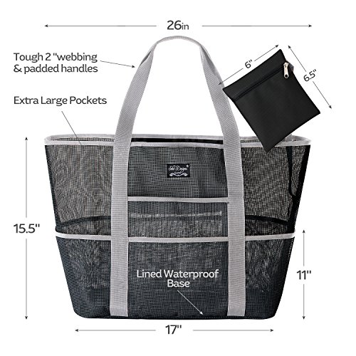 SoHo Collection, Mesh Beach Bag – Toy Tote Bag – Large Lightweight Market, Grocery & Picnic Tote with Oversized Pockets (Black and Gray)4