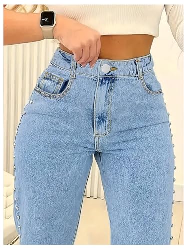 WDIRARA Women's High Waisted Rivet Jeans Streetwear Straight Leg Denim Pants2