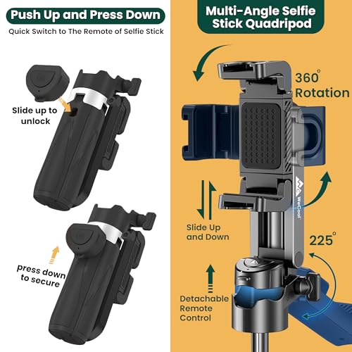 Image of WeCool Pocket Selfie Stick Tripod - Extends to 17 inch, One-Click Auto Open Legs, 5-Section Aluminum Pole, 360 Rotating Holder, Rechargeable Bluetooth Remote for Travel & Vlogging