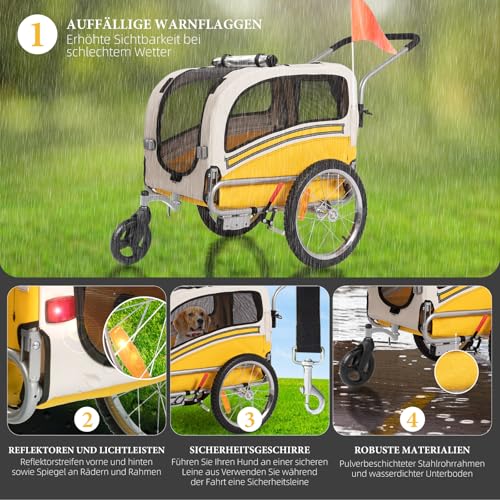 Fiximaster Hundeanhänger 2-in-1 für Fahrrad & Jogger – Transportwagen für Hunde bis 30 kg, faltbar, mit Bremsen, Signalwimpel, Outdoor & Heimgebrauch, leicht zu montieren (Gelb)