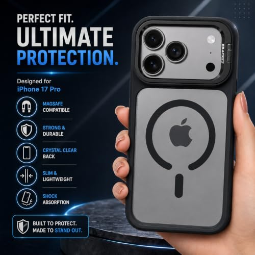 Image of MagPro ClearBack Case with Stand for Apple iPhone 17 Pro Max / 18 Pro Max Anti Yellow, Strong MagSafe Compatible Cover, Shockproof Armor, Scratch Resistant PC Hard Back Soft TPU Bumper Black