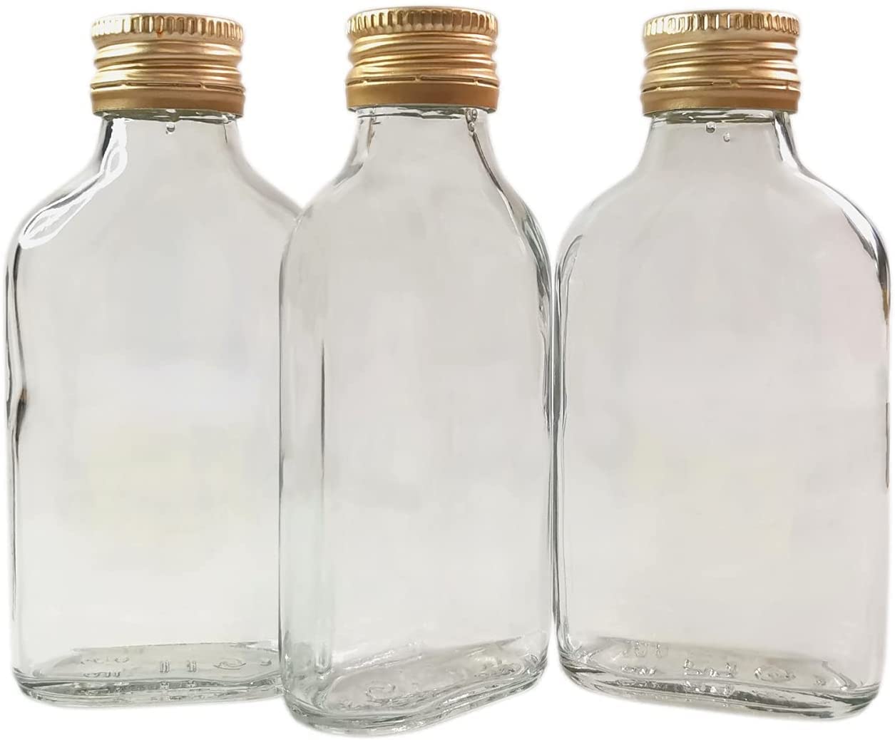 Do It At Home DIAH 20x 100ml Mini Glass Pocket Flask Bottles with Gold Metal Screw Caps - Clear Empty Small Flasks for Home Brewing, Spirits, Gin, Vodka, Shots, Wedding Favors & DIY Crafts