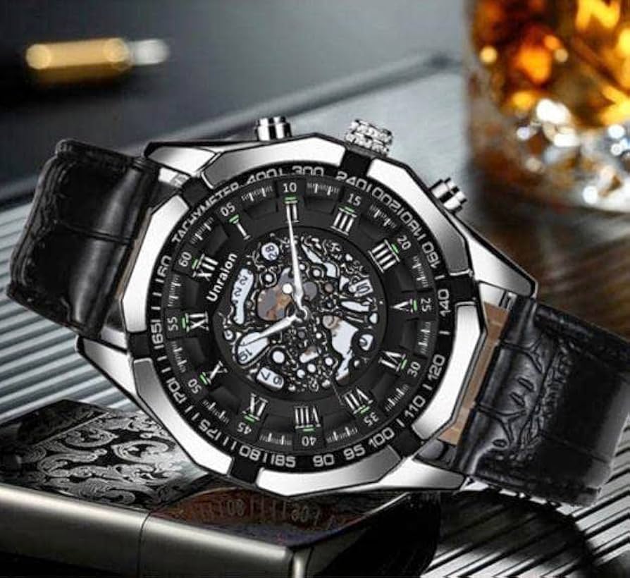 完売品✨ SAAD 腕時計 自動巻き スケルトン 黒 裏スケ ブラックオニキス Amazon.co.jp: 彫スケルトンUnraion腕時計メンズレザー