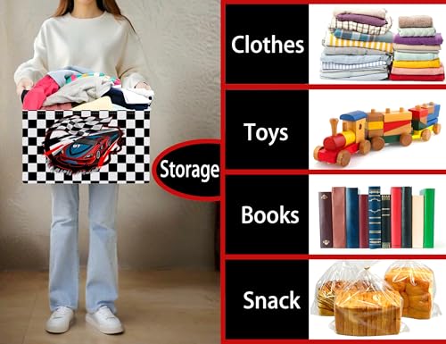Image of Large Boys Checkered Basket Canvas Kids Toy Storage Bin Nursery Baby Organizing Decor (Check Racing Car)