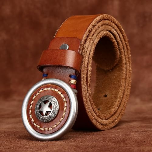 Mens Western Cowboy Belt, Pentagram Pattern Buckle, Vintage Country Leather Belt For Jeans2