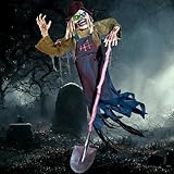 JOYIN 69" Halloween Flying Grave Skeleton Decorations Outdoor Sound Activated Scary Haunted House Decor with Glowing Eyes, Rotatable Head for Garden Porch Yard Outside Props